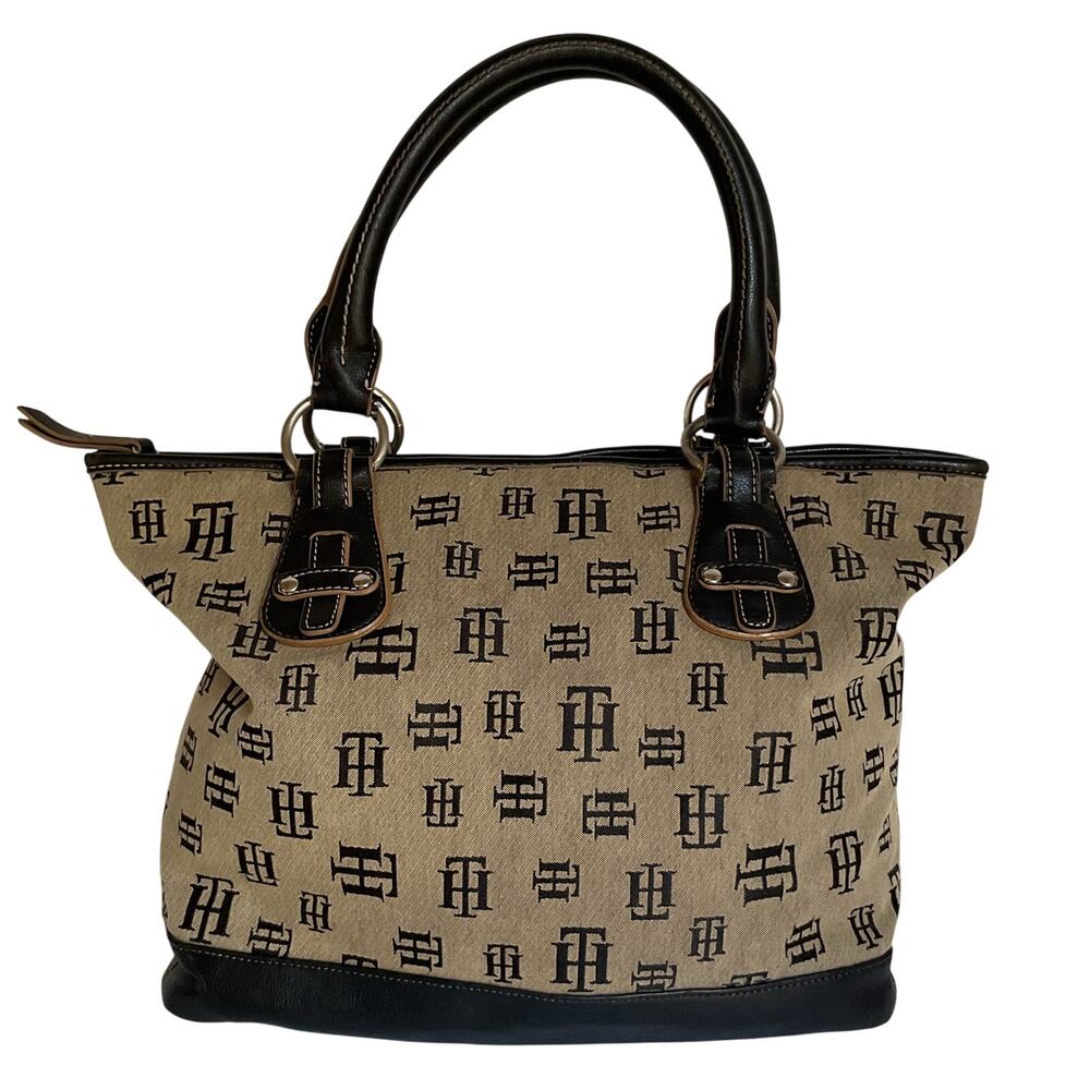 Vintage Tommy Hilfiger Y2K Monogram Tote Bag Black Beige Canvas
